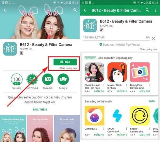 Các bước tải app chụp ảnh đẹp B612 nhanh chóng từ kho ứng dụng trên điện thoại.