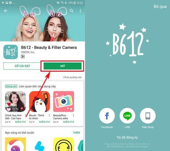 Màn hình hiển thị sau khi cài đặt thành công app chụp ảnh đẹp B612, sẵn sàng cho trải nghiệm.